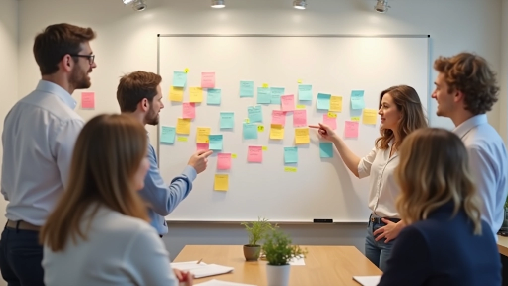 Diverse teamleden in brainstormsessie met kleurrijke post-it notes op whiteboard, energieke werksfeer, scherp beeld