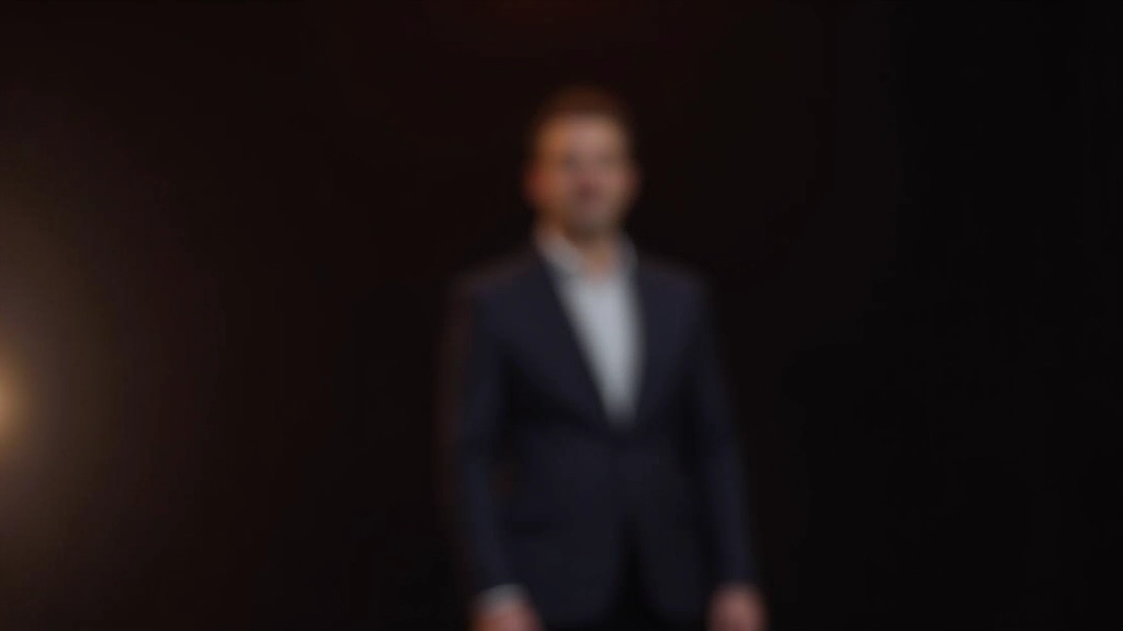 Man in professioneel pak staat rechtop op podium met zelfverzekerde houding, handen ontspannen, rechthoekig gezicht, natuurlijk licht uit voorkant, modern conferentiecentrum op achtergrond