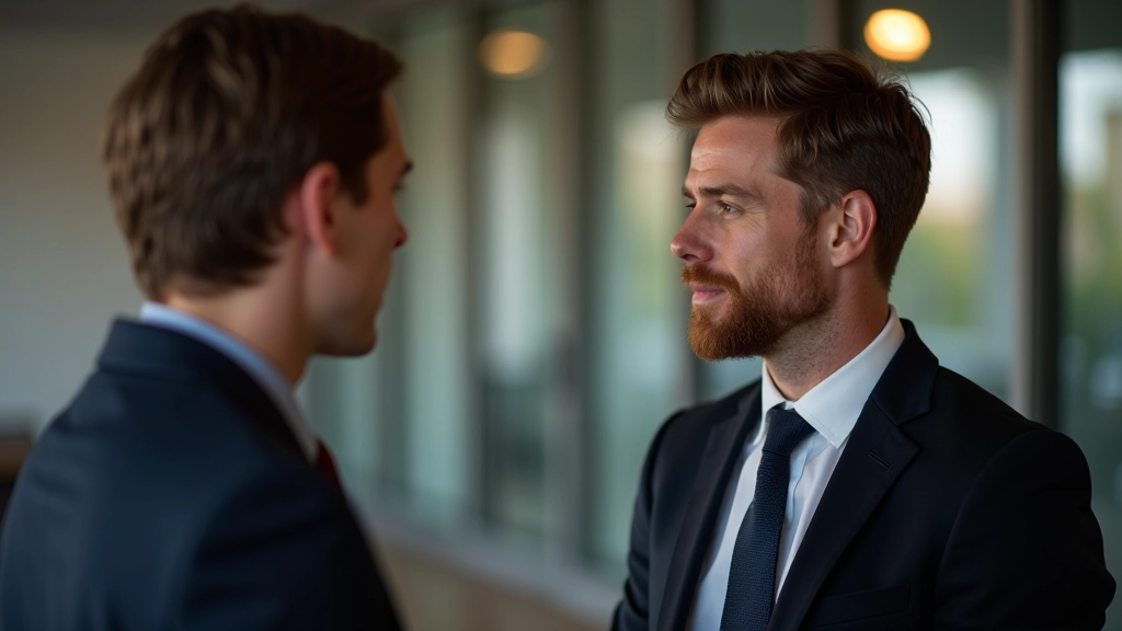 Close-up van twee personen die elkaar recht in de ogen kijken tijdens serieus gesprek, natuurlijke gezichtsuitdrukking, warm kantoorlicht, scherpe focus op ogen