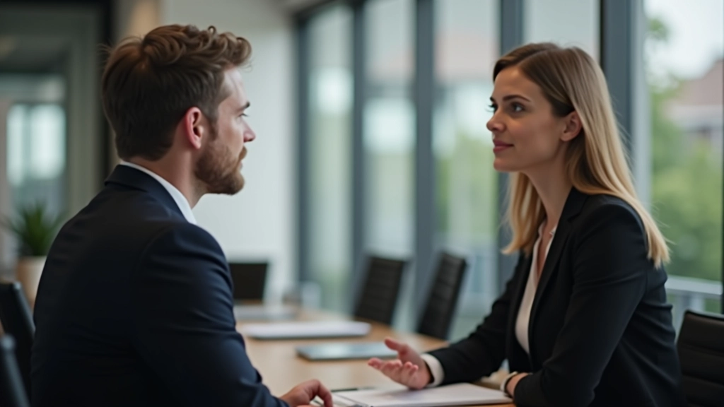 Manager luistert aandachtig naar werknemer tijdens één-op-één gesprek, open houding, vertrouwde conversatie, modern kantoor