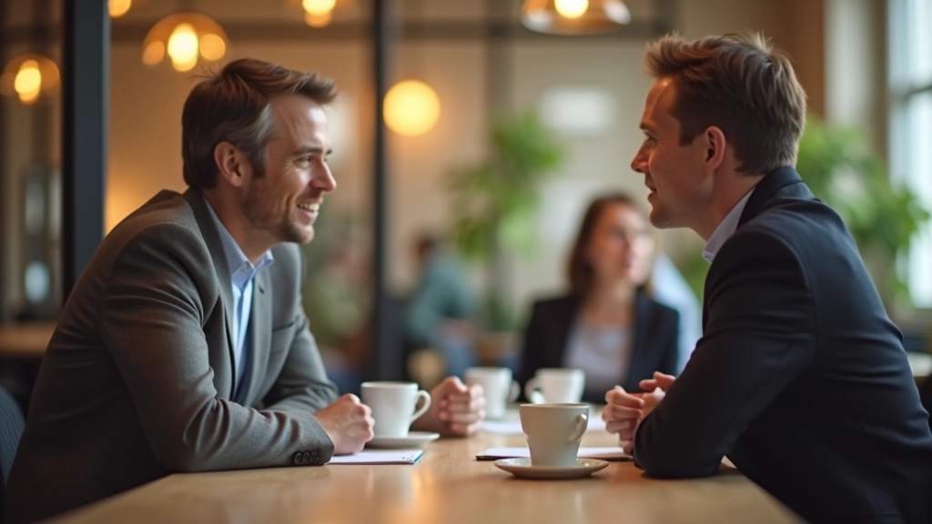 Twee collega's hebben een open gesprek aan een tafel met koffie, oogcontact, vertrouwde sfeer, kantoor setting