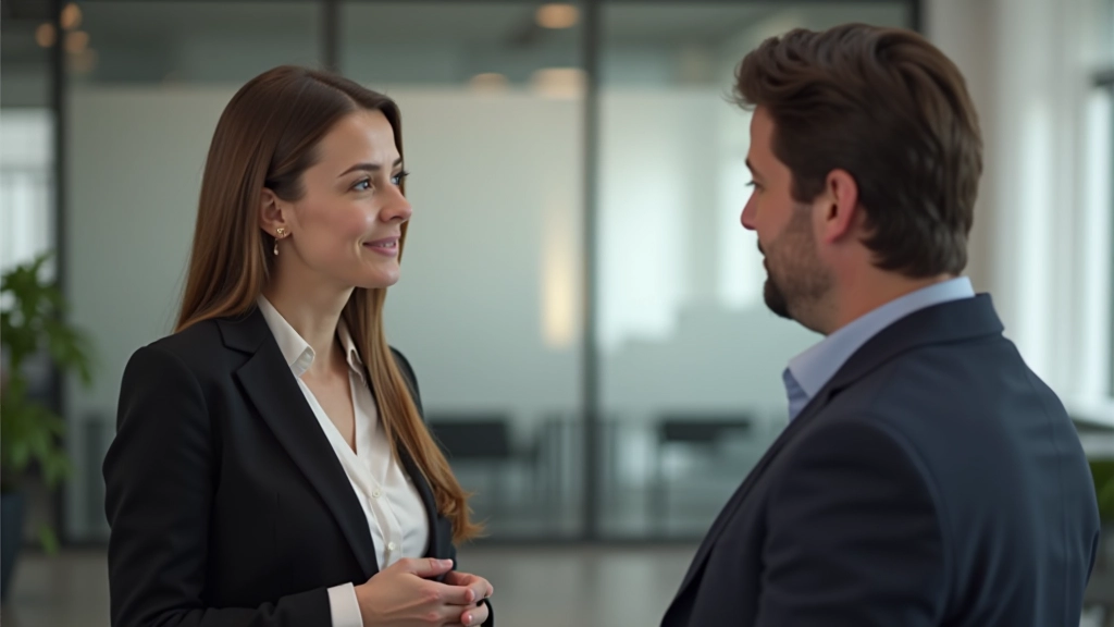 Twee teamleden in professionele discussie, respectvol met elkaar sprekend, neutrale expressies, modern kantoor